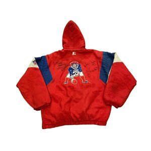 Rare 90's Starter New England Patriots NFL Hooded Red Puffer Signed Jacket XL